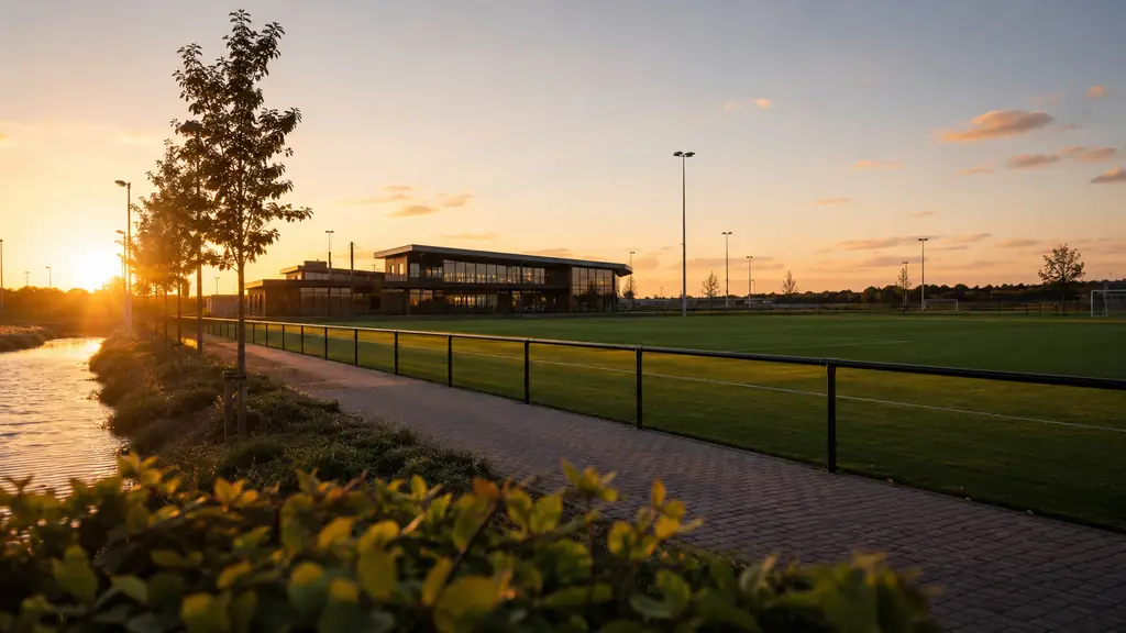 Sportpark met velden en clubgebouw vanuit de lucht
