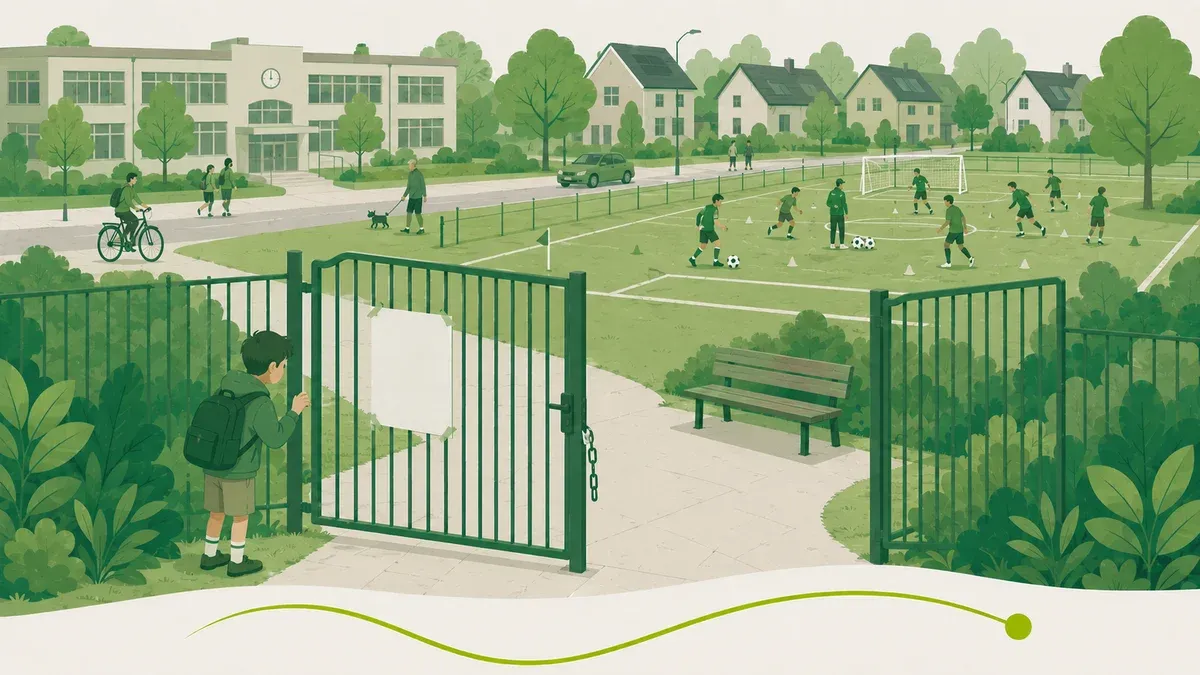 Een open sportpark: een jongen met rugzak aarzelt bij een half geopend hek terwijl een training bezig is