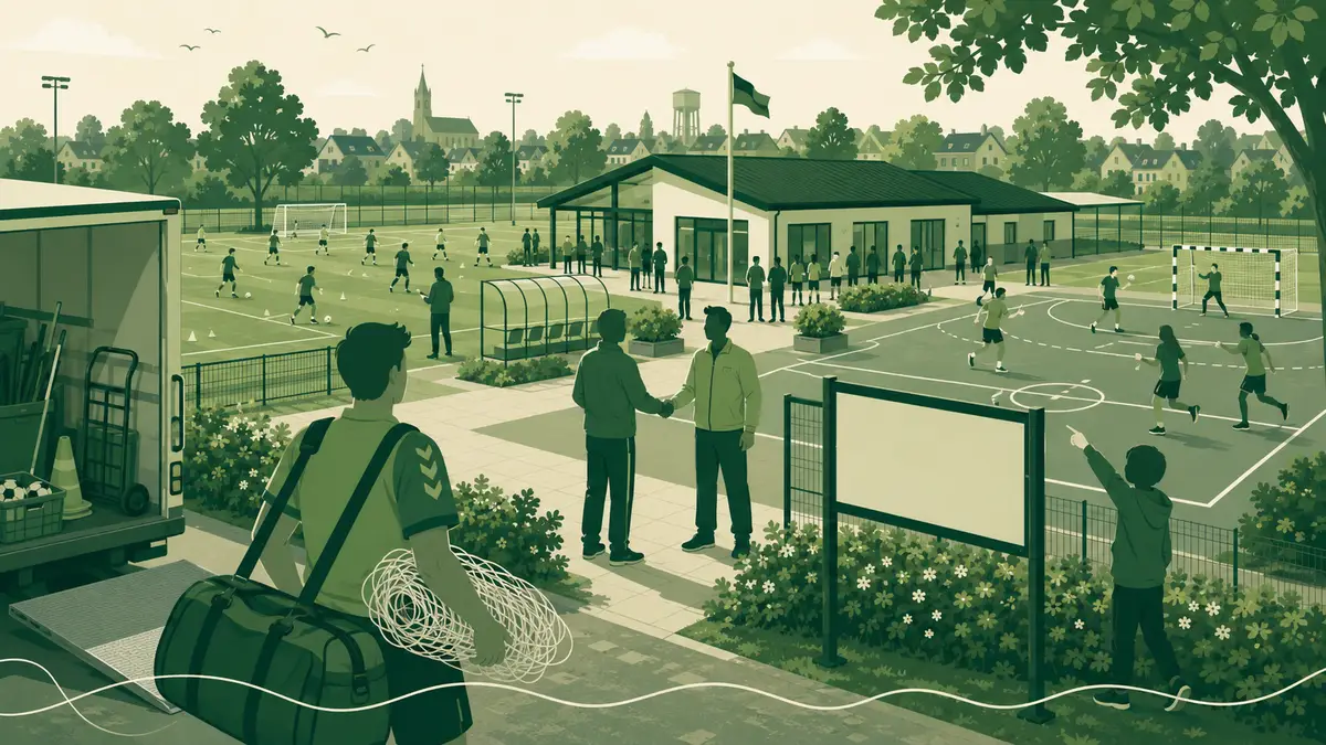 Sportverenigingen samenvoegen op één multifunctioneel sportpark: drie sportvelden die samenkomen bij een centraal clubgebouw