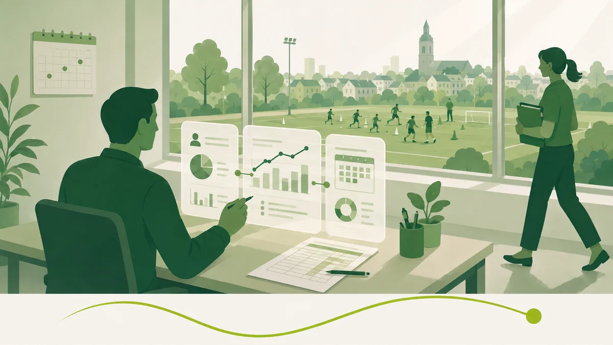 Data voor sportparkontwikkeling: een adviseur analyseert grafieken en dashboards met uitzicht op een trainend jeugdteam