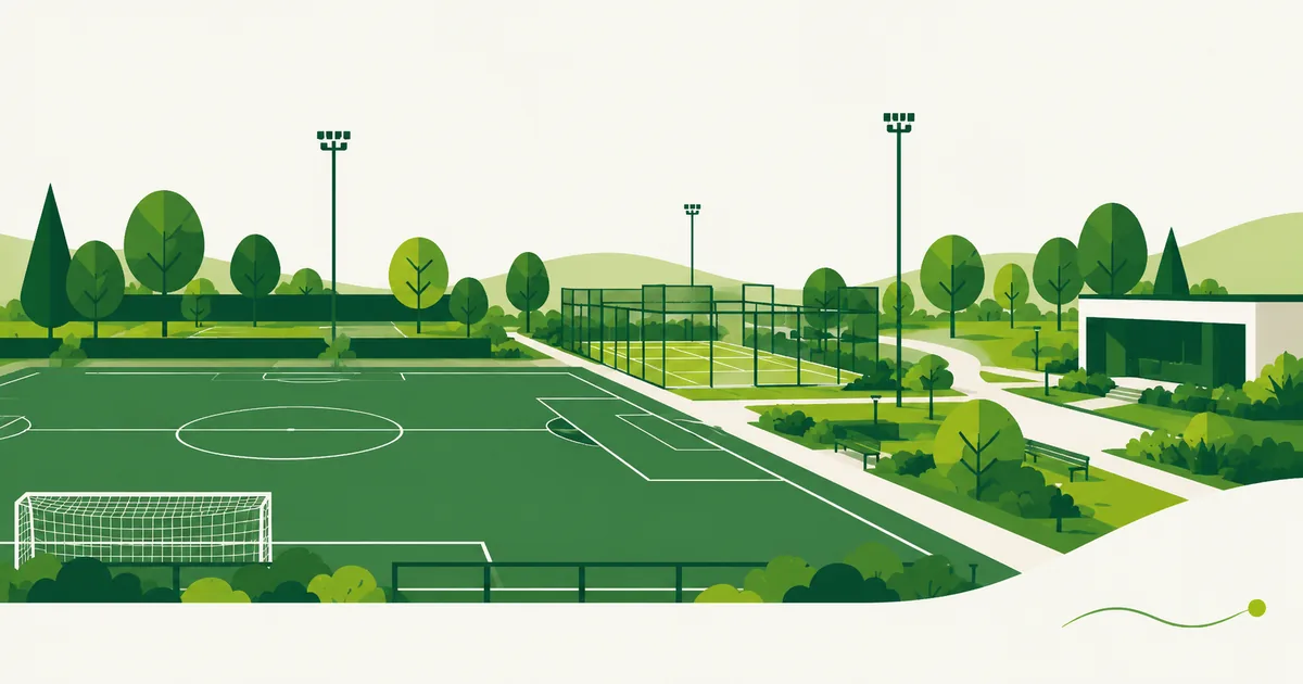 Illustratie van een sportpark met een voetbalveld op de voorgrond en padelbanen daarachter