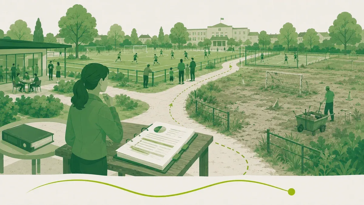 Sportaccommodatiebeleid van een gemeente: een beleidsmedewerker met een beleidsstuk, links een goed benut sportpark en rechts een verwaarloosd veld