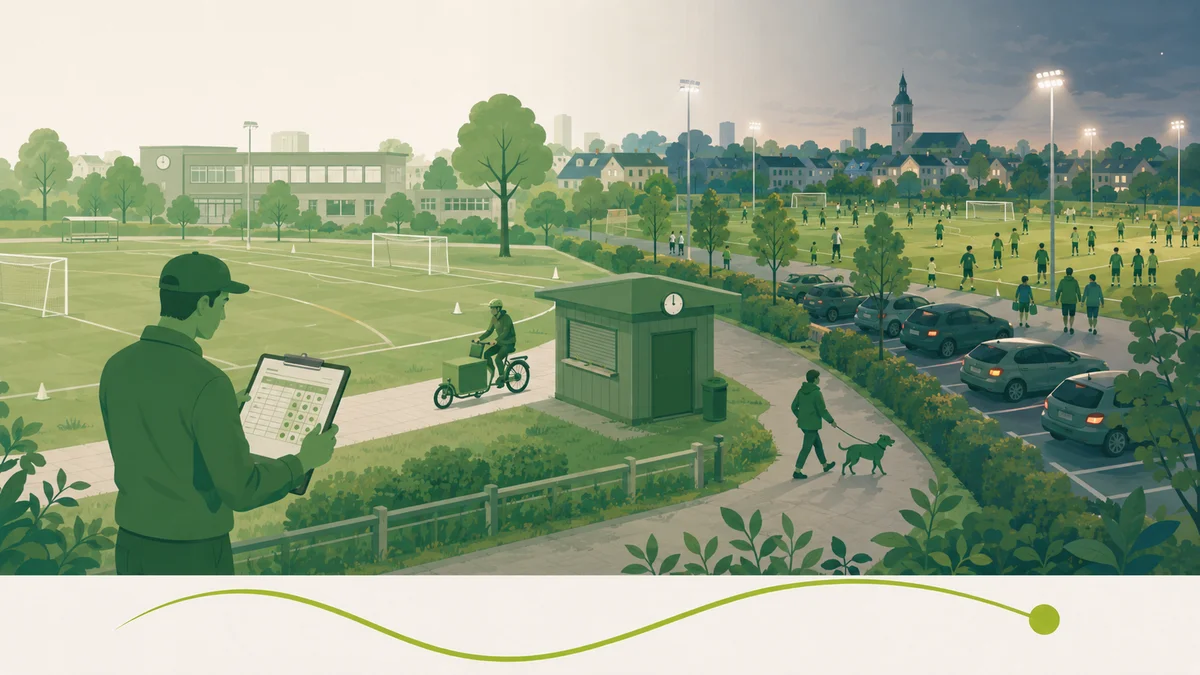 Piekdruk en leegstand op een sportpark: overdag leeg, 's avonds vol onder lichtmasten met geparkeerde auto's