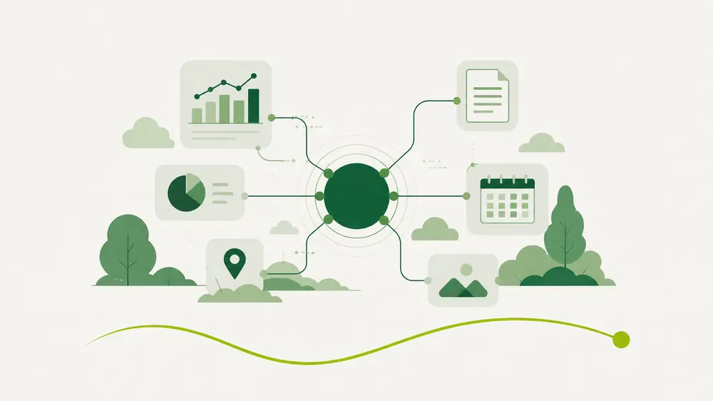 Illustratie van een centrale groene dataknoop met verbonden data-iconen