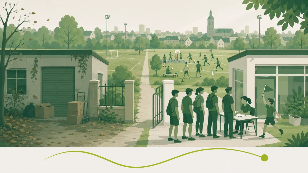 Minder sportverenigingen, meer sporters: links een verlaten clubgebouw, rechts een levendige club waar nieuwe leden zich inschrijven