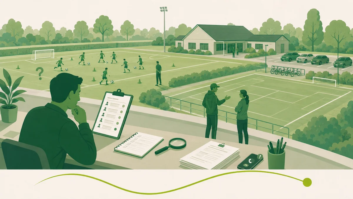 Wachtlijst bij een sportvereniging: een adviseur met klembord kijkt uit over een druk trainingsveld naast een leeg tennisveld