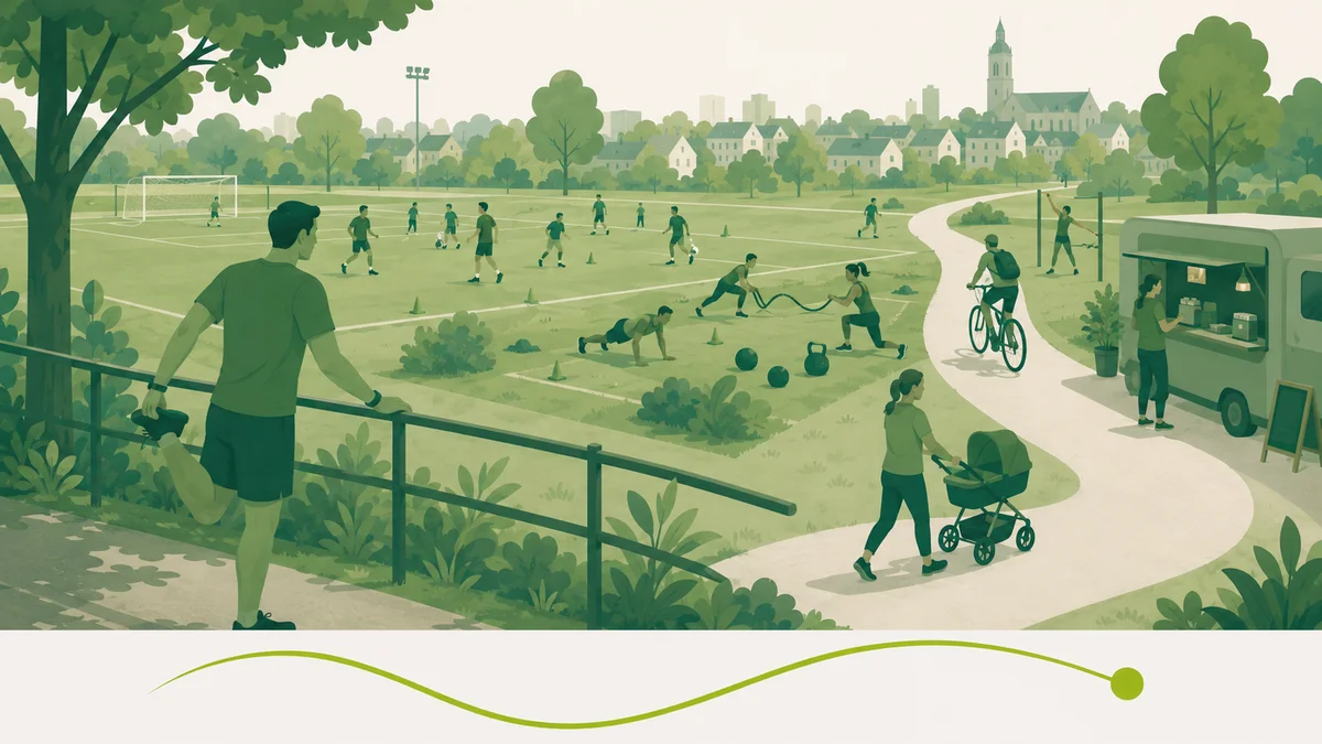 Veranderend sportgedrag en sportpark activering: hardlopers en fietsers naast een sportveld in een park