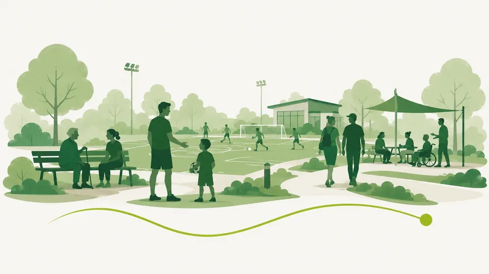 Illustratie van diverse gebruikersgroepen samen op een sportpark met golvende routelijn