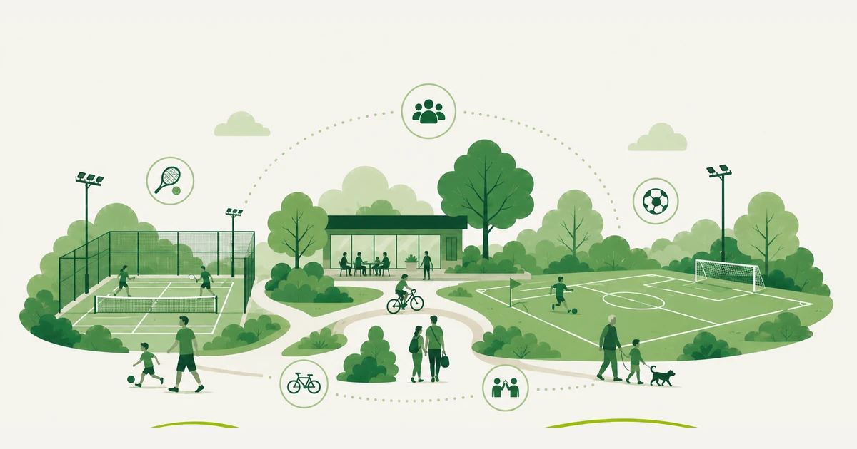 Illustratie van een sportpark met tennisbanen, een gedeeld clubgebouw en een voetbalveld, verbonden door paden met wandelaars, fietsers en sporters van verschillende leeftijden