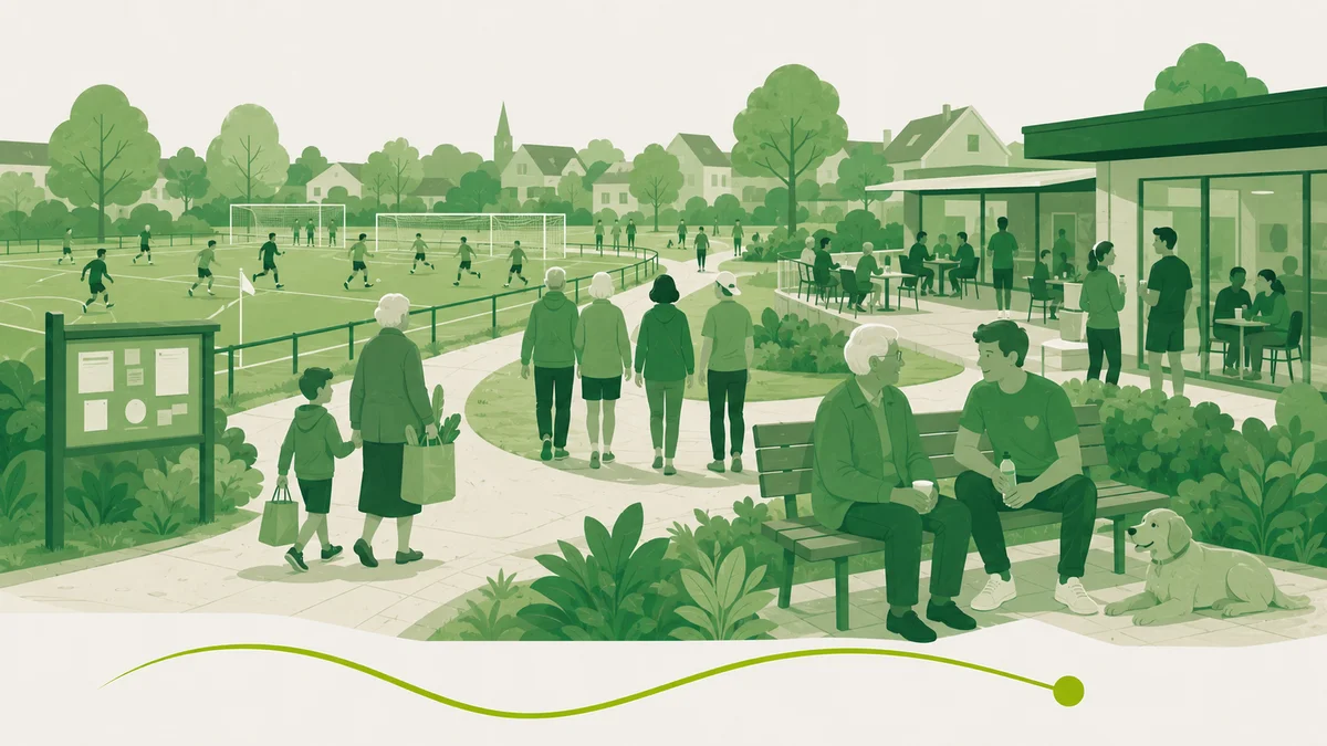 De maatschappelijke opdracht van een sportpark: wandelaars, ouderen, kinderen en een terras bij het clubgebouw naast een voetbalveld