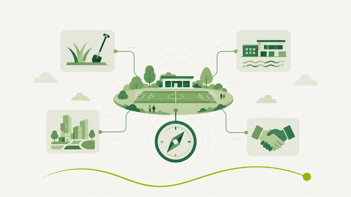 Illustratie van een centraal sportveld verbonden met vier iconen voor techniek, accommodatie, gebiedsontwikkeling en samenwerking, met een kompas onderaan
