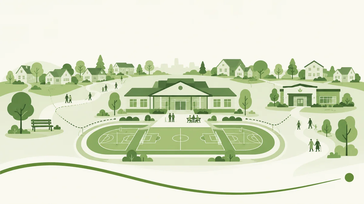 Illustratie van een sportpark van bovenaf met omliggende woningen, wandelpaden en mensen die het park gebruiken