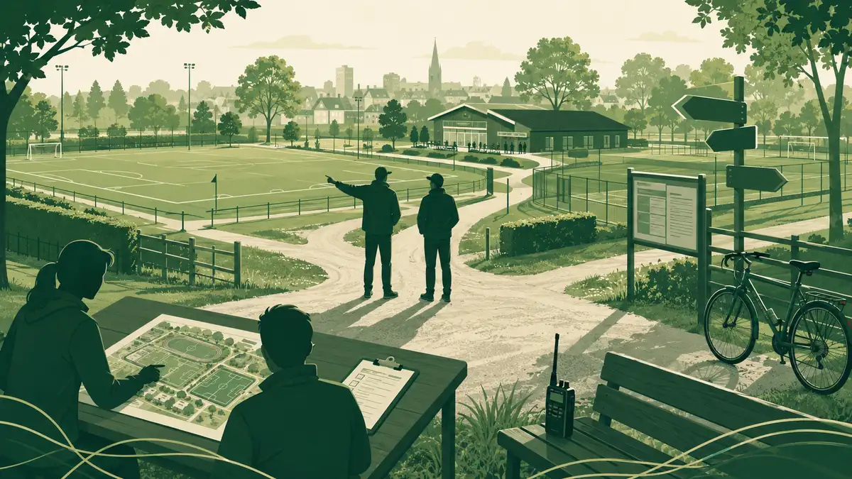 Twee beheerders overleggen op een Sportpark bij een informatiebord, met op de voorgrond een maquette van de sportparkindeling