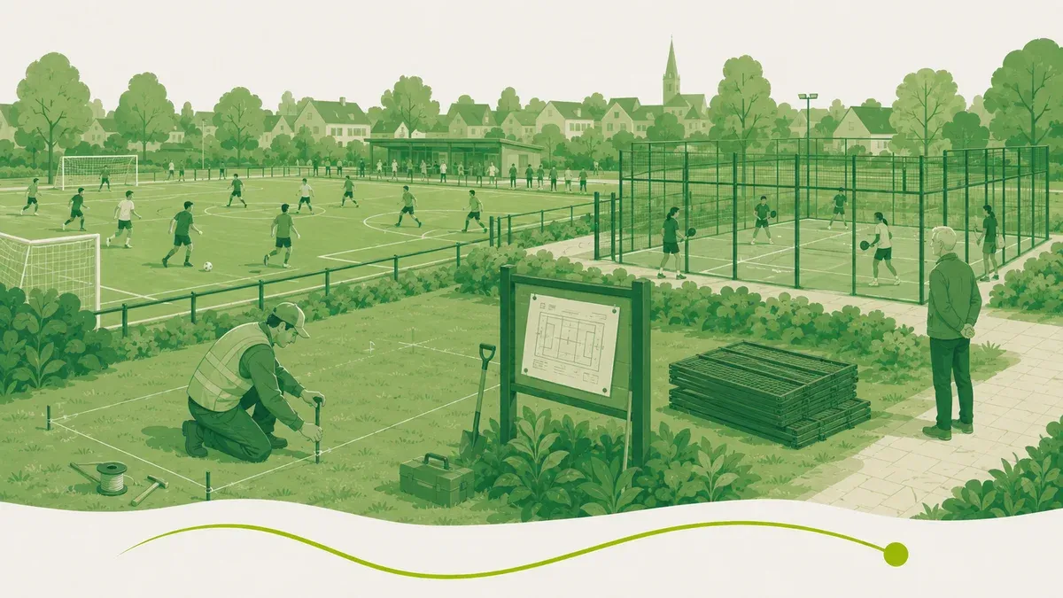 Padel op het sportpark: een uitzetter markeert nieuwe padelbanen naast een bespeeld voetbalveld
