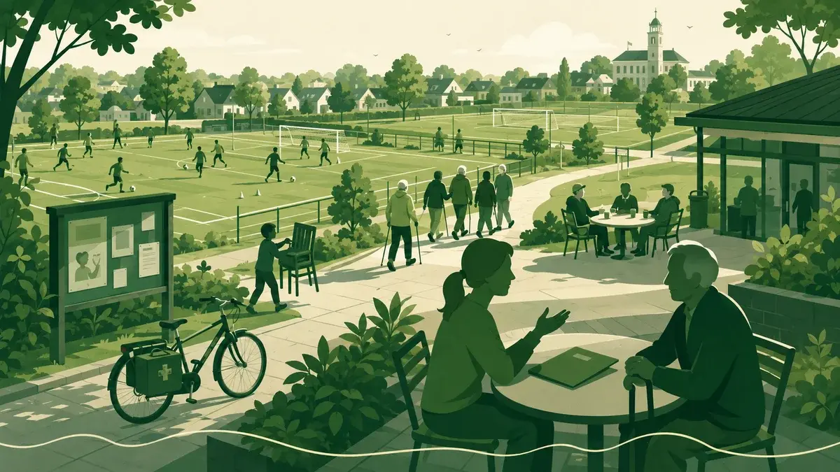 AZWA en het sportpark: een professional en een oudere bewoner in gesprek op een terras, met wandelende ouderen, spelende kinderen en een voetbalveld op de achtergrond