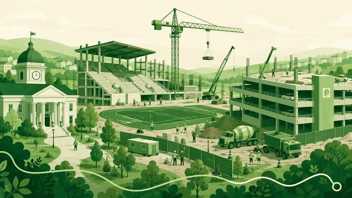 Financiering van sportparkontwikkeling: een sportpark in aanbouw met bouwkranen, een nieuwe tribune en een parkeergarage