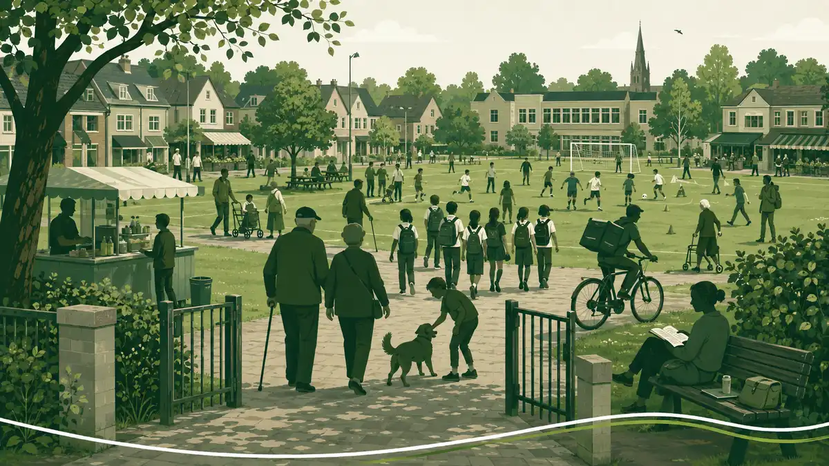 De rol van een sportpark in de wijk: een sportpark midden in een woonwijk met school, winkels en gezinnen die naar het veld lopen