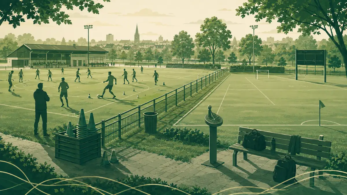 Sportpark met links een druk bezet trainingsveld en rechts een leeg veld met tassen op een bankje