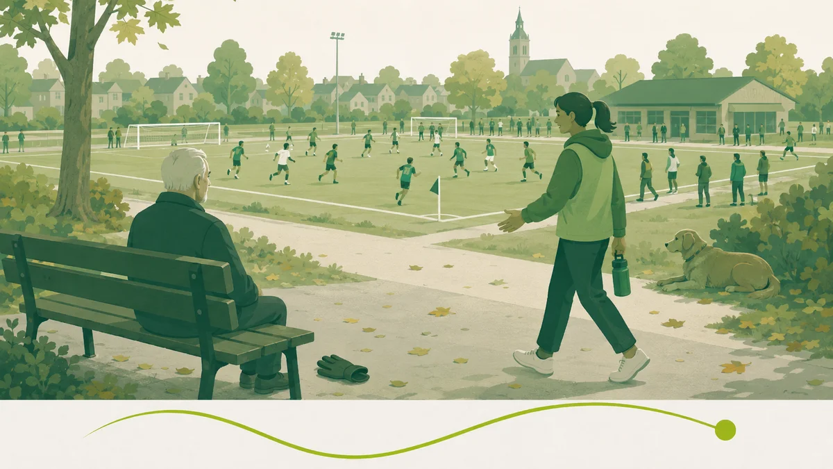 Maatschappelijke waarde van een sportpark: een druk voetbalveld met daarnaast een oudere man alleen op een bankje