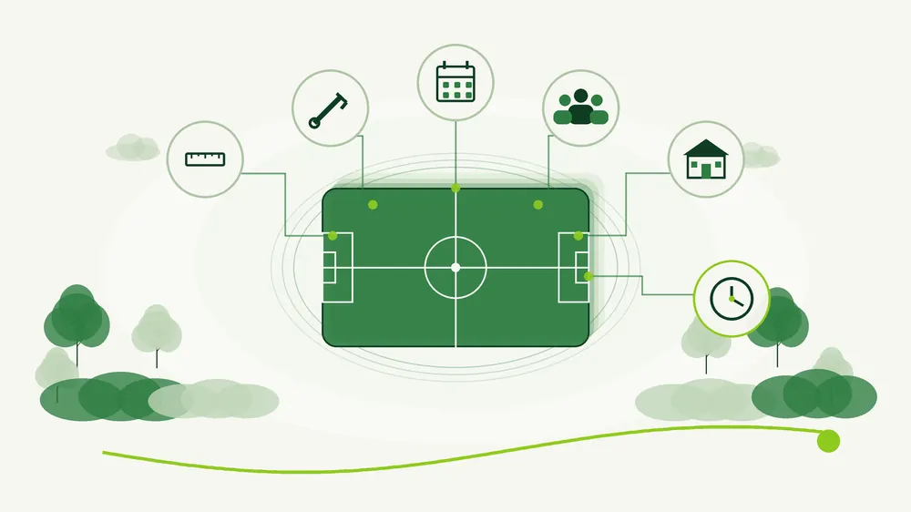 Illustratie van een sportveld met zes iconen voor capaciteitslagen: meetlat, sleutel, kalender, mensen, gebouw en klok
