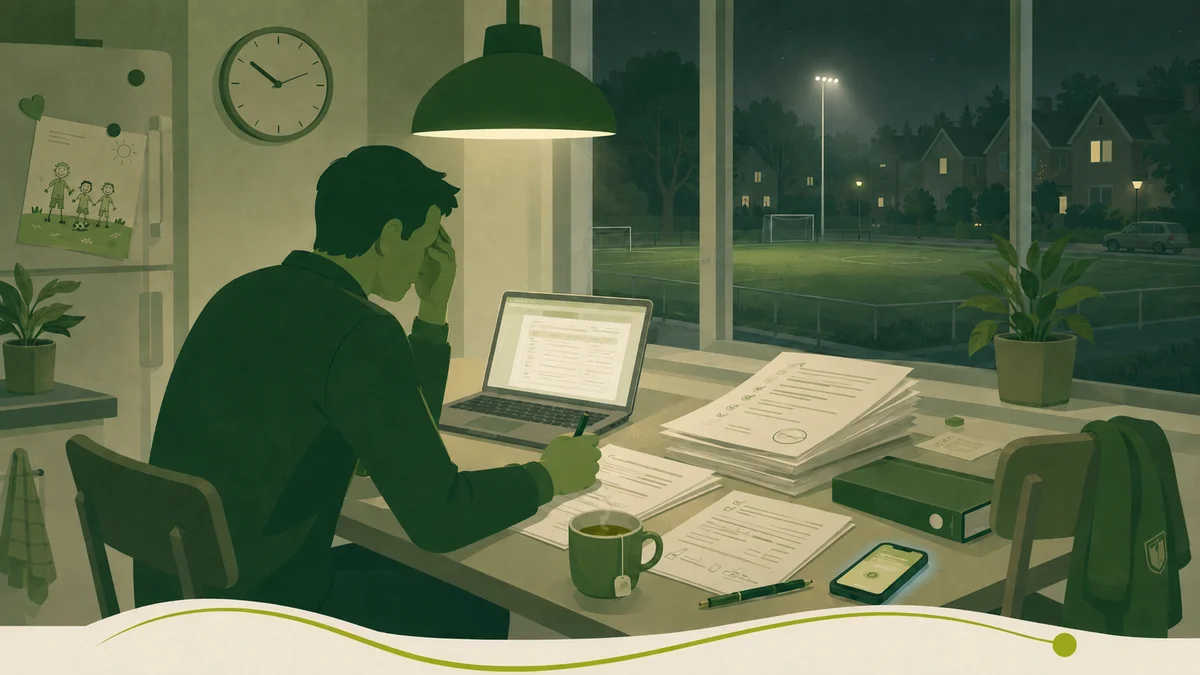 Vrijwilligers van een sportvereniging onder druk: iemand werkt 's avonds aan de keukentafel met uitzicht op een verlicht sportveld