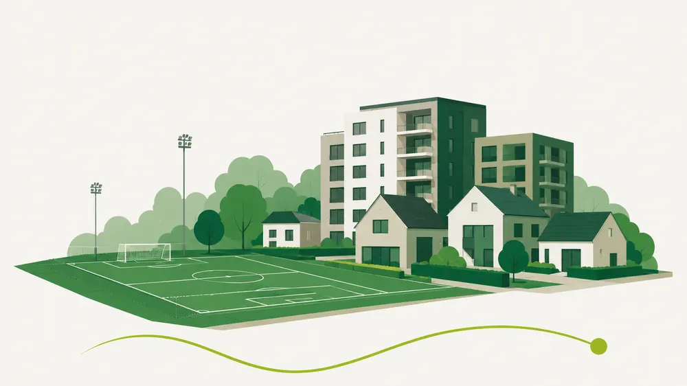Illustratie van een sportveld naast moderne appartementsgebouwen