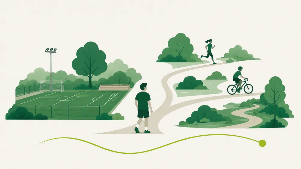 Illustratie van een sportveld naast een parkpad met een hardloper en fietser