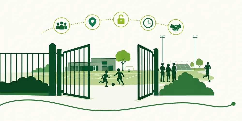 Illustratie van een geopend hek naar een sportpark met verschillende gebruikersgroepen