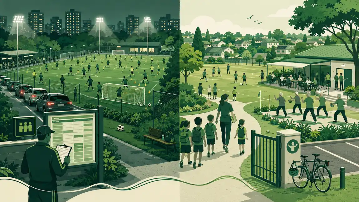 Optimaal gebruik van een sportpark: links een vol bezet sportveld onder lichtmasten, rechts een rustiger sportpark met wandelaars, ouderen en schoolkinderen