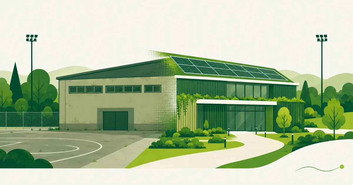 Illustratie van een gerenoveerde sporthal met zonnepanelen op het dak en groene beplanting rondom