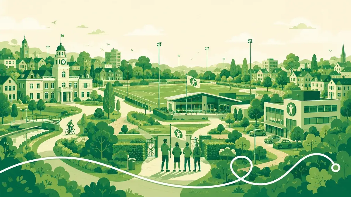 Sportpark en gemeente: een sportparkgebouw verbonden met een gemeentehuis, een kantoorgebouw en een groep sporters