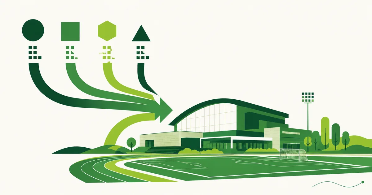 Illustratie van verschillende financieringsstromen die samenkomen bij een sportcomplex