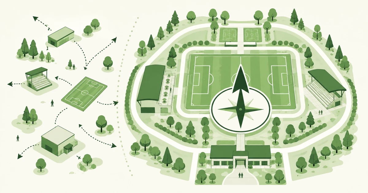 Illustratie van losse sportgebouwen met pijlen in verschillende richtingen naast een sportpark met een centrale kompasnaald die richting geeft