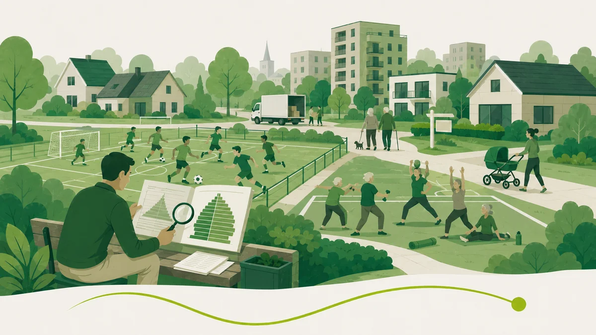 Natuurlijke aanwas en sportpark ontwikkeling: een man bestudeert met een vergrootglas een bevolkingspiramide, met voetballende kinderen en sportende ouderen op de achtergrond