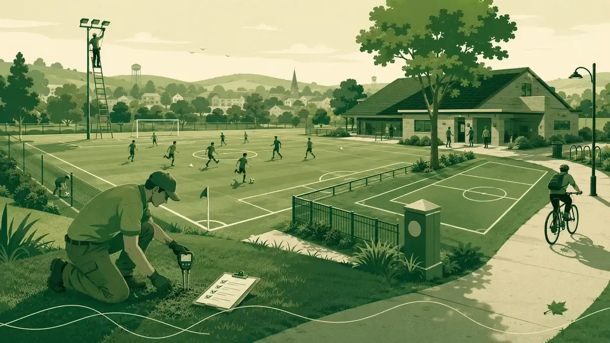 Sportparkcapaciteit in beeld: een beheerder test de grasmat naast een druk bespeeld voetbalveld, met clubgebouw en fietser op de achtergrond