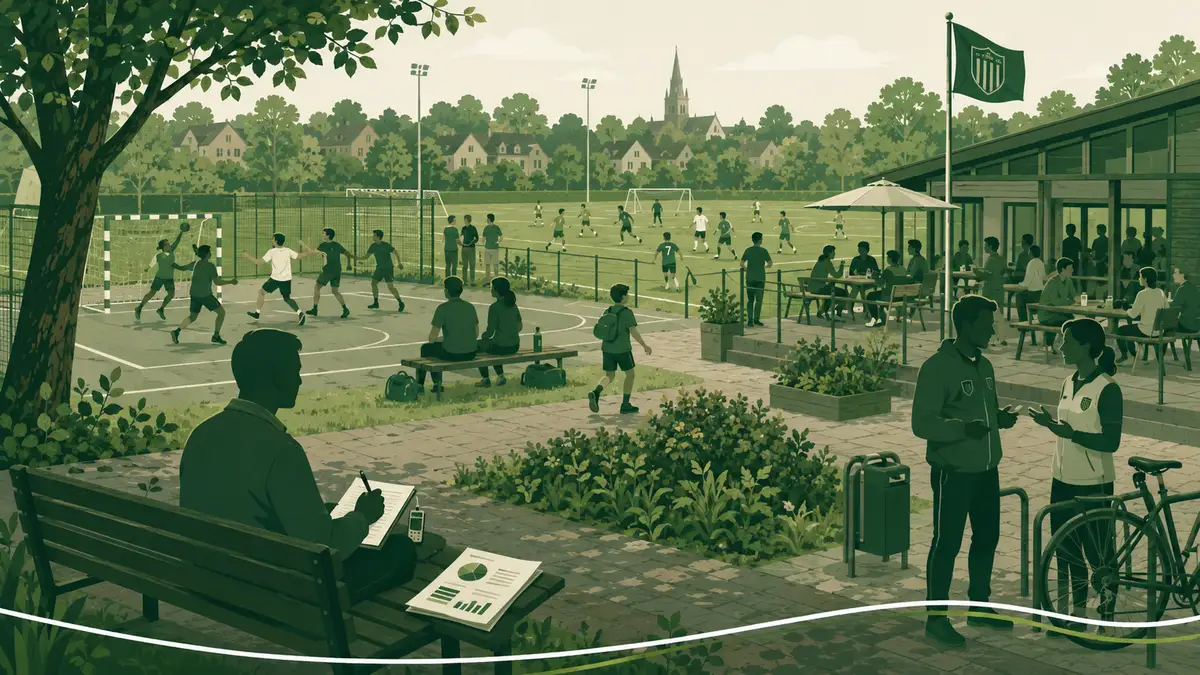Samenwerking op een sportpark: tennisbanen, een gedeeld clubgebouw en een voetbalveld verbonden door paden met sporters van verschillende leeftijden