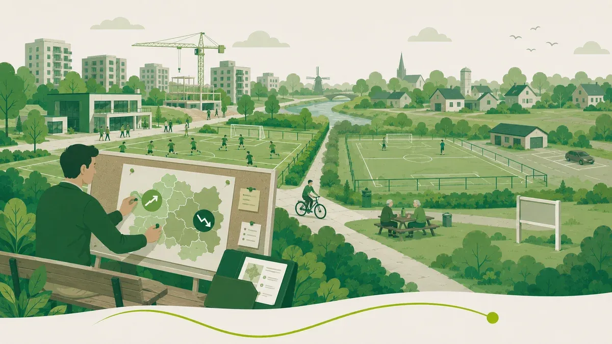 Sportpark ontwikkeling en landelijke groeicijfers: een adviseur plaatst groeipijlen op een kaart van Nederland, met een druk en een rustig sportveld op de achtergrond
