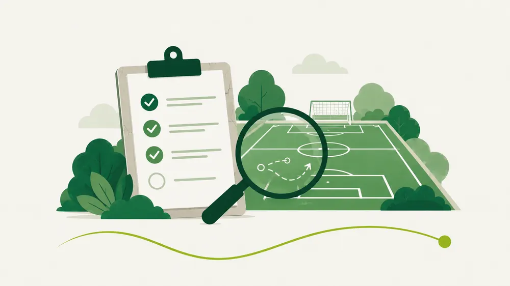 Illustratie van een klembord met vinkjes en een vergrootglas boven een sportveld
