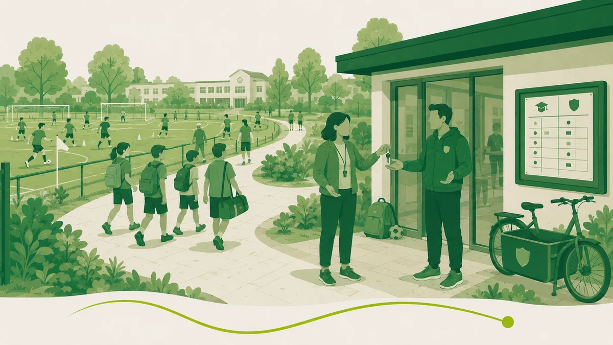 Gedeeld gebruik van sportaccommodaties: een leerkracht draagt een sleutel over aan een clubmedewerker terwijl schoolkinderen naar het sportveld lopen