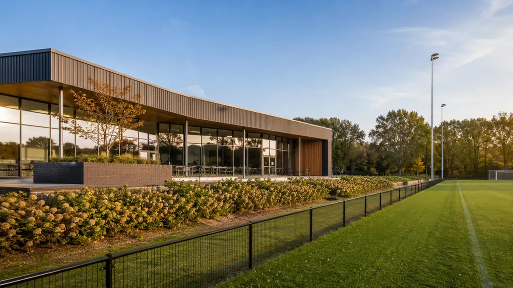 Modern clubhuis van een Sportpark in de avondzon