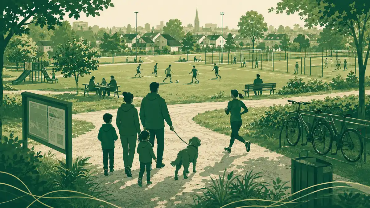 Open Sportpark in een woonwijk met een wandelend gezin met hond, een hardloper, picknickende bezoekers en spelende kinderen